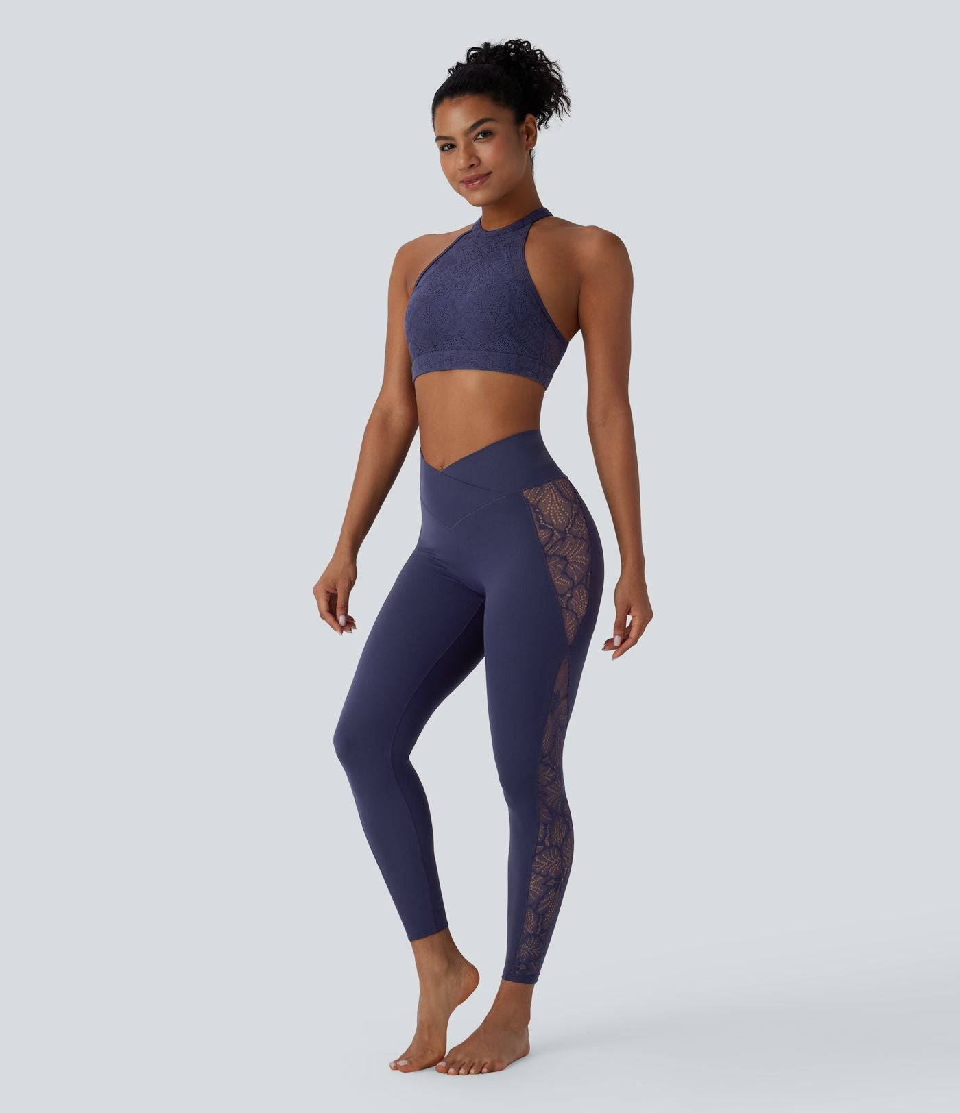Softlyzero™ Legging Yoga 7/8 Taille Haute avec Poche au Dos Découpe Croisée et Dentelle Contrastante