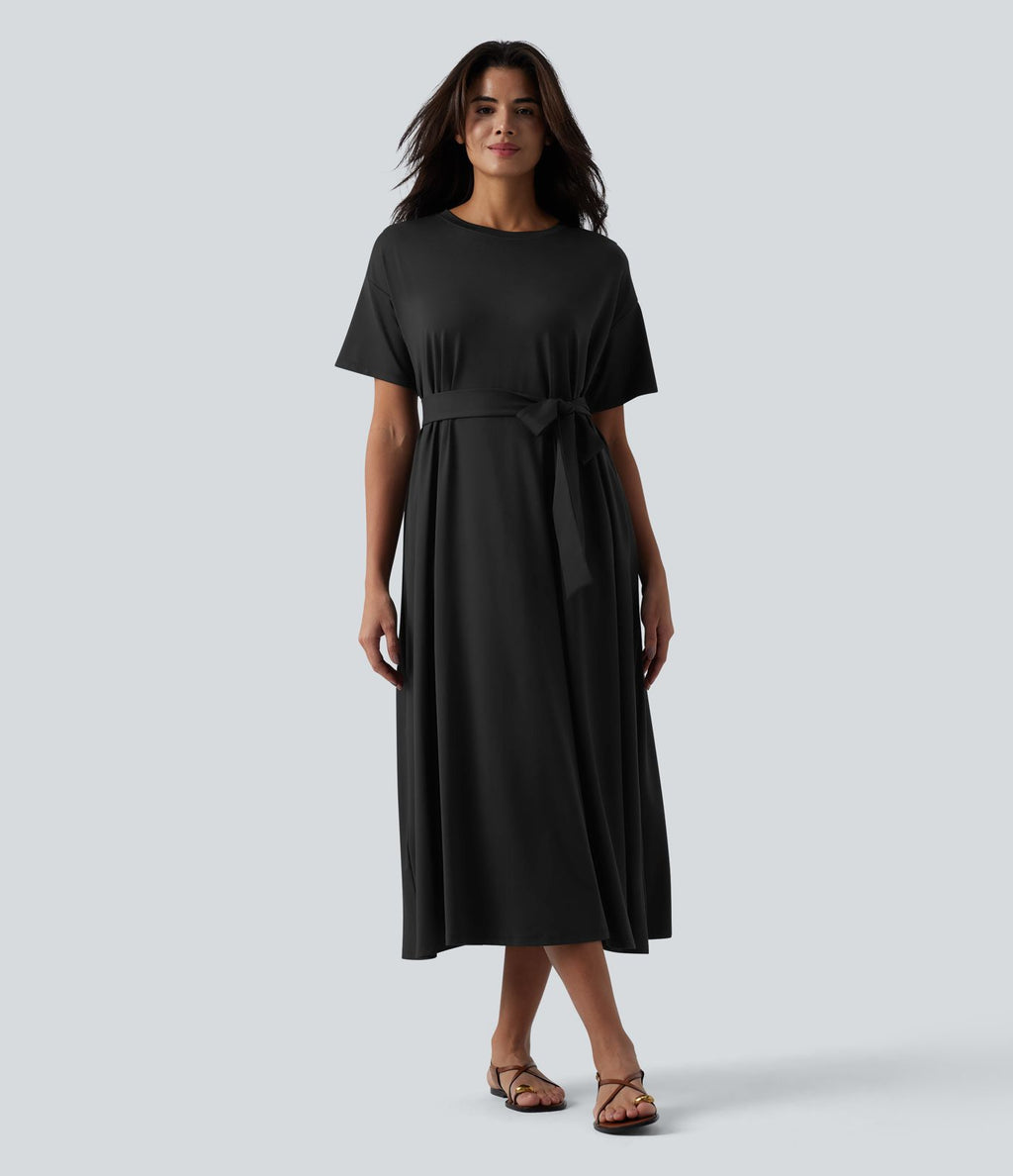 Robe T-shirt casual midi fluide col rond manches courtes avec ceinture et poches