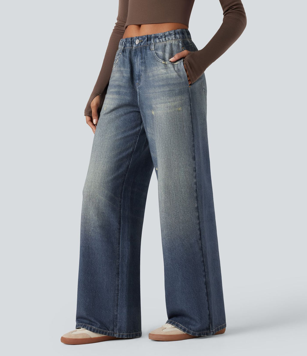 Jogging jean décontracté en molleton French Terry imprimé denim taille mi-haute avec poches