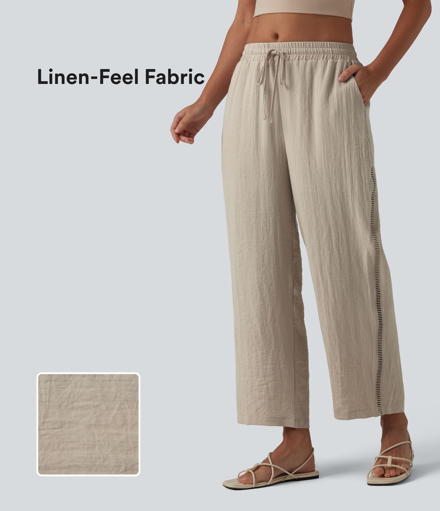 Pantalon droit taille mi-haute aspect lin avec cordon de serrage et poches