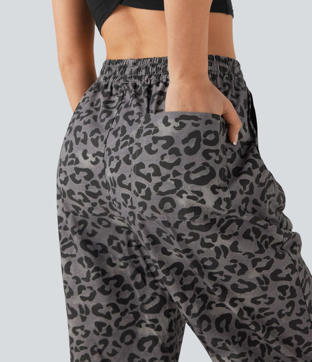 Pantalon casual taille haute cordon jambe droite imprimé léopard avec poches