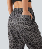 Pantalon casual taille haute cordon jambe droite imprimé léopard avec poches