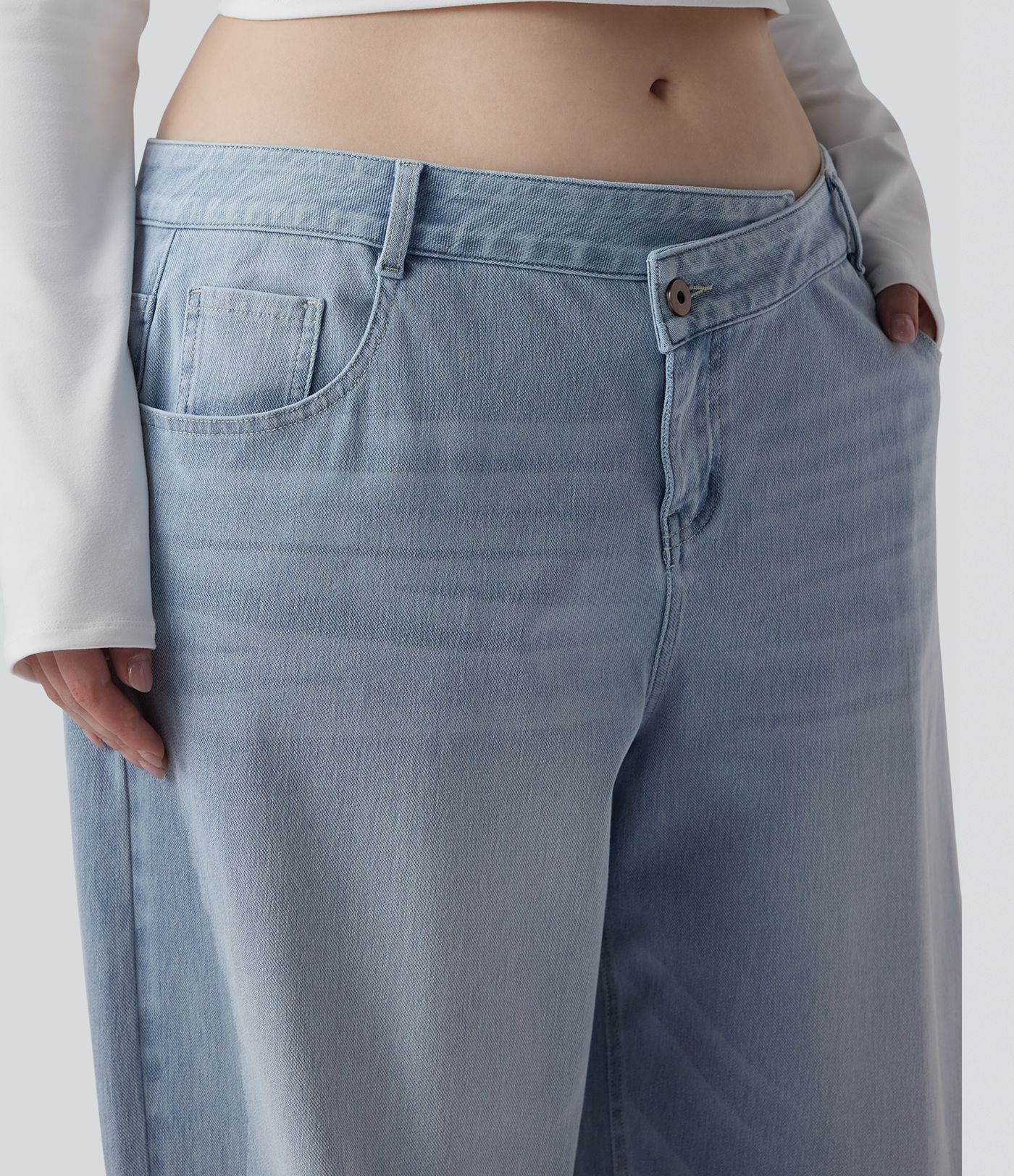 Jean décontracté grande taille Halara Flex™ asymétrique taille basse jambes larges effet délavé avec poches