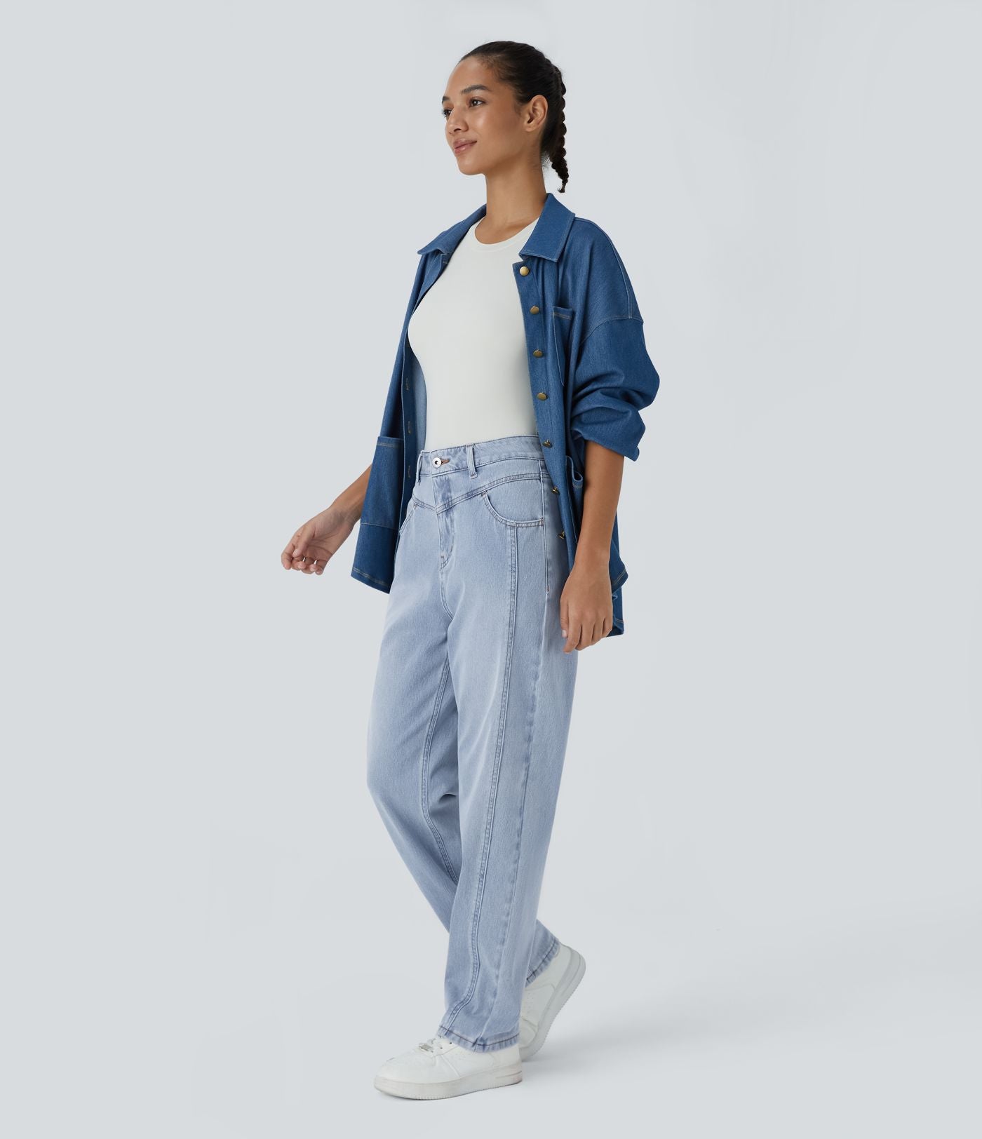 Jean décontracté Halara Flex™ taille haute extensible en maille avec bouton, fermeture éclair, poches multiples et effet délavé