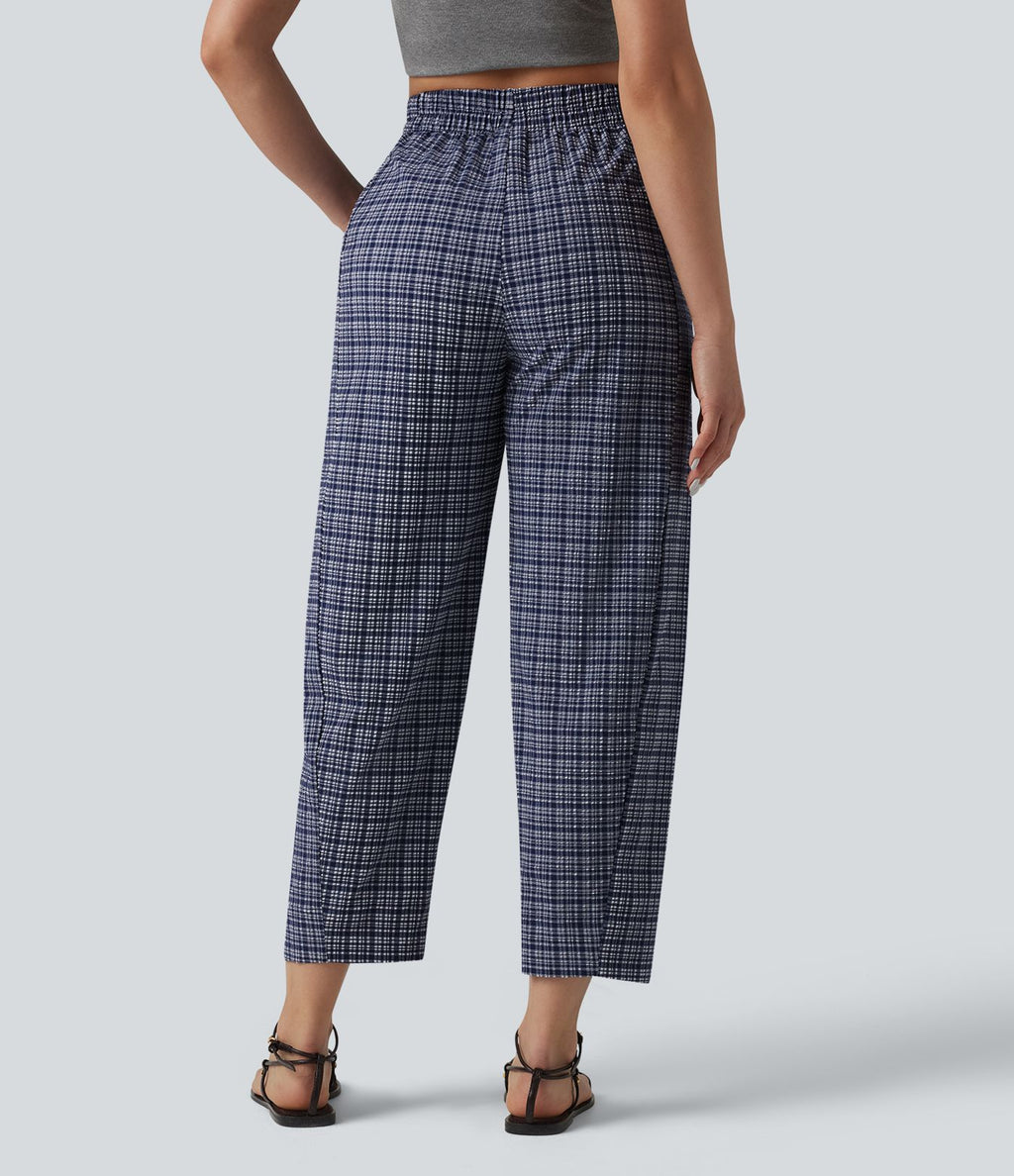 Pantalon décontracté à carreaux froissés taille haute avec poches