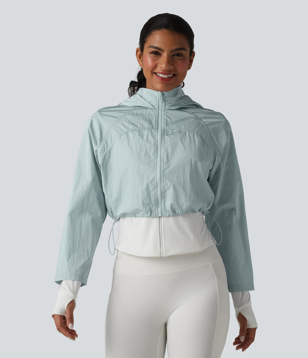 Veste de running 3-en-1 déperlante à capuche avec trous pour les pouces, ourlet arrondi et poches