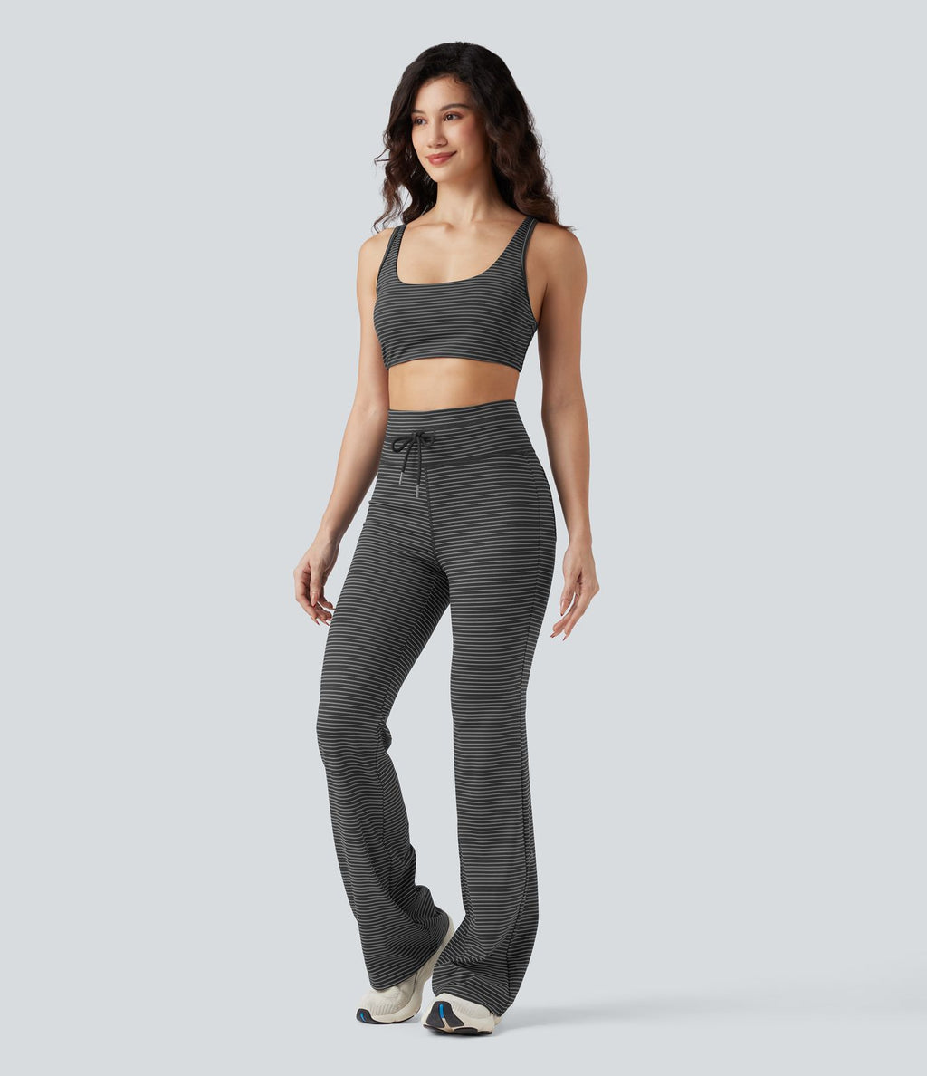 Pantalon de yoga évasé à rayures, taille haute, cordon et poches