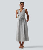 Robe midi rayée sans manches à col en V et poches