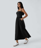 Breezeful™ Robe Débardeur Casual Dos Nu Poches Latérales Plissée Évasée Longue Séchage Rapide