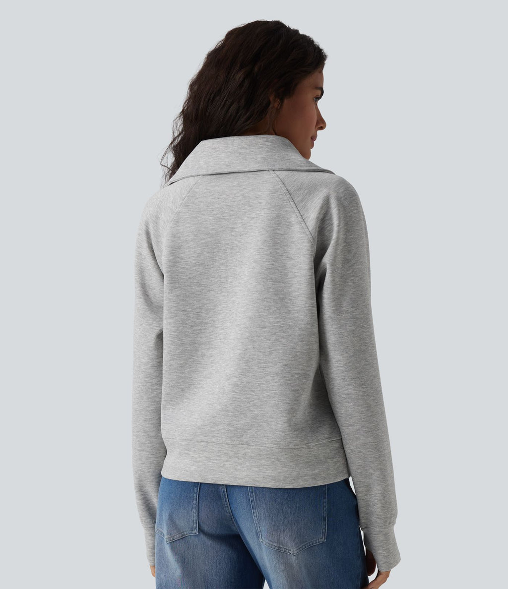 Sweat-shirt décontracté col revers demi-zip manches longues avec trous pour pouces et poches