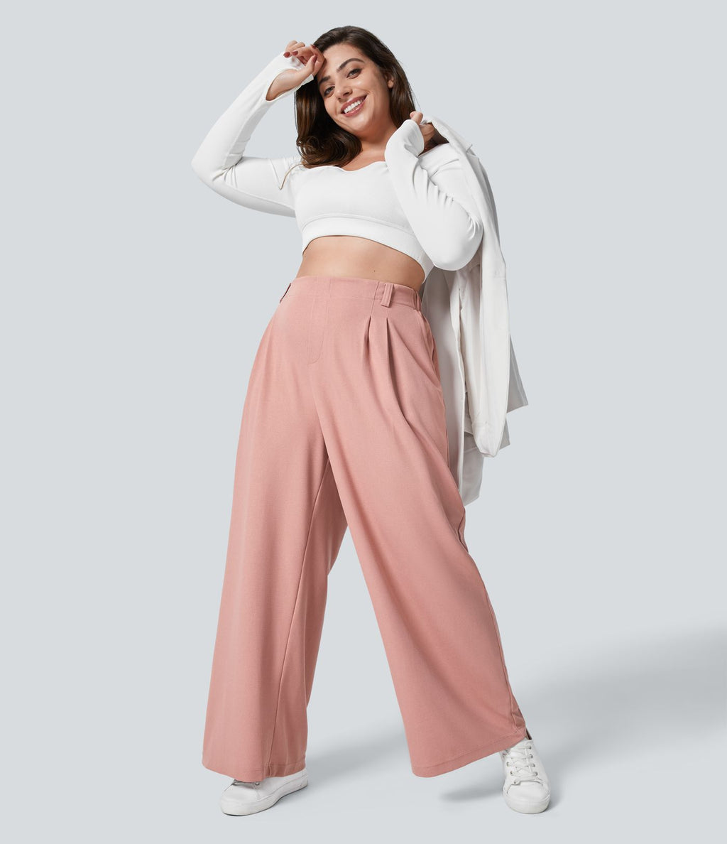 Halara Flex™ Pantalon tailleur Grande taille à Taille Haute, Poches Latérales Plissées, Jambes Larges, en Tissu Gaufré