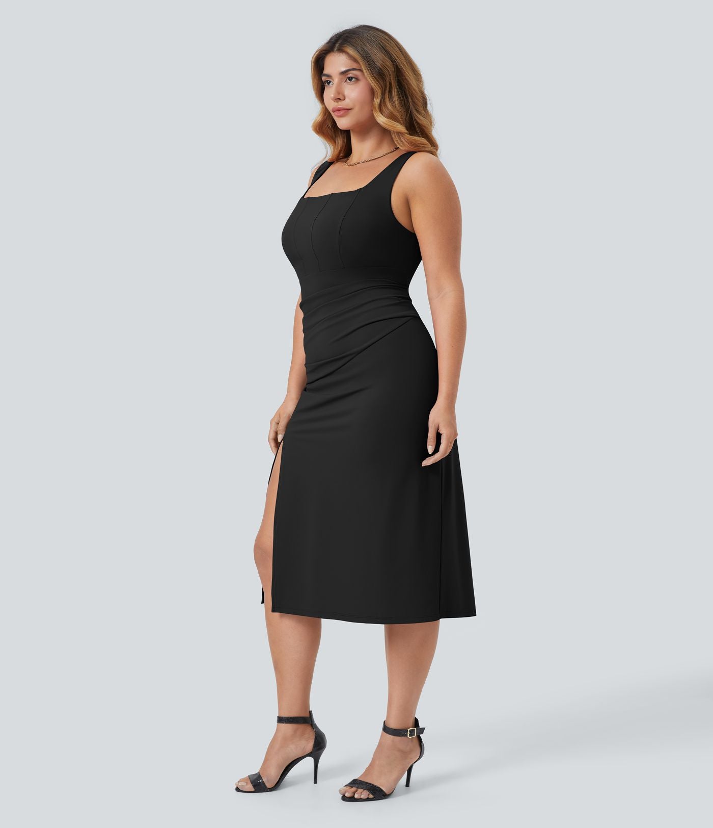 Softlyzero™ Robe Casual Midi Grande Taille Corset Moulante Encolure Carrée Dos Nu Ruchée