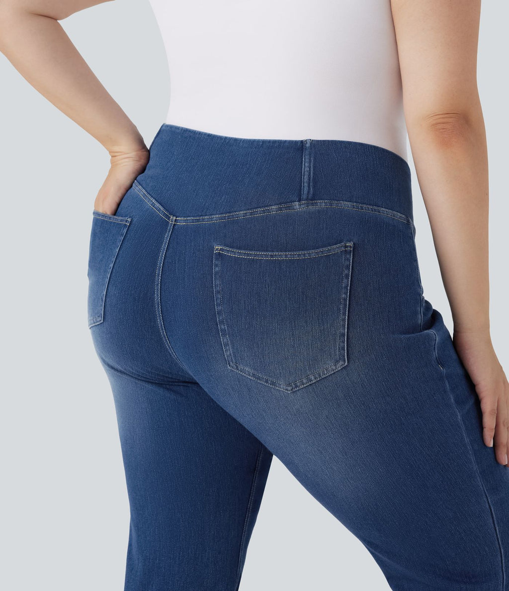 Jean évasé décontracté Halara Flex™ grande taille croisé taille haute en maille extensible délavée avec multiples poches