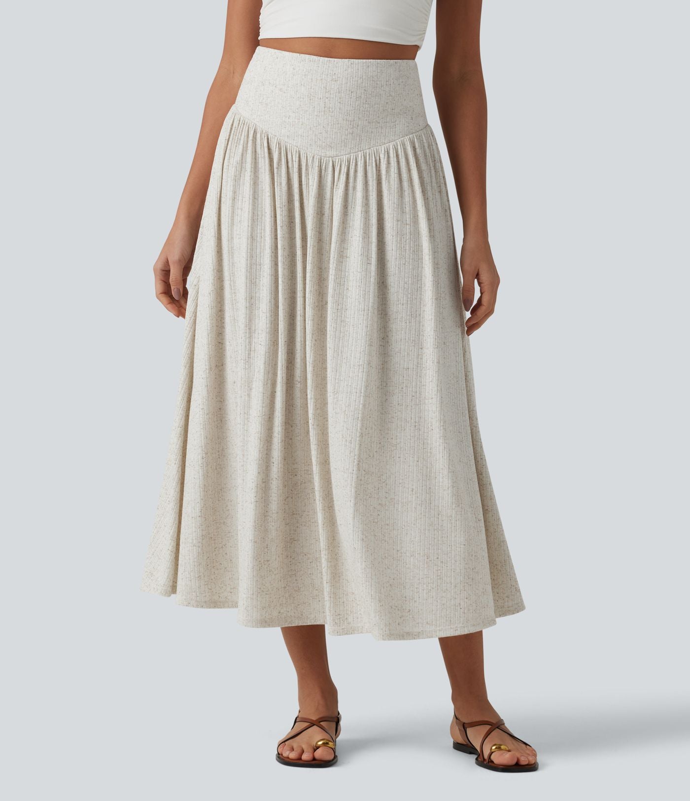Jupe midi fluide casual taille haute ventre plat en maille côtelée mélange lin
