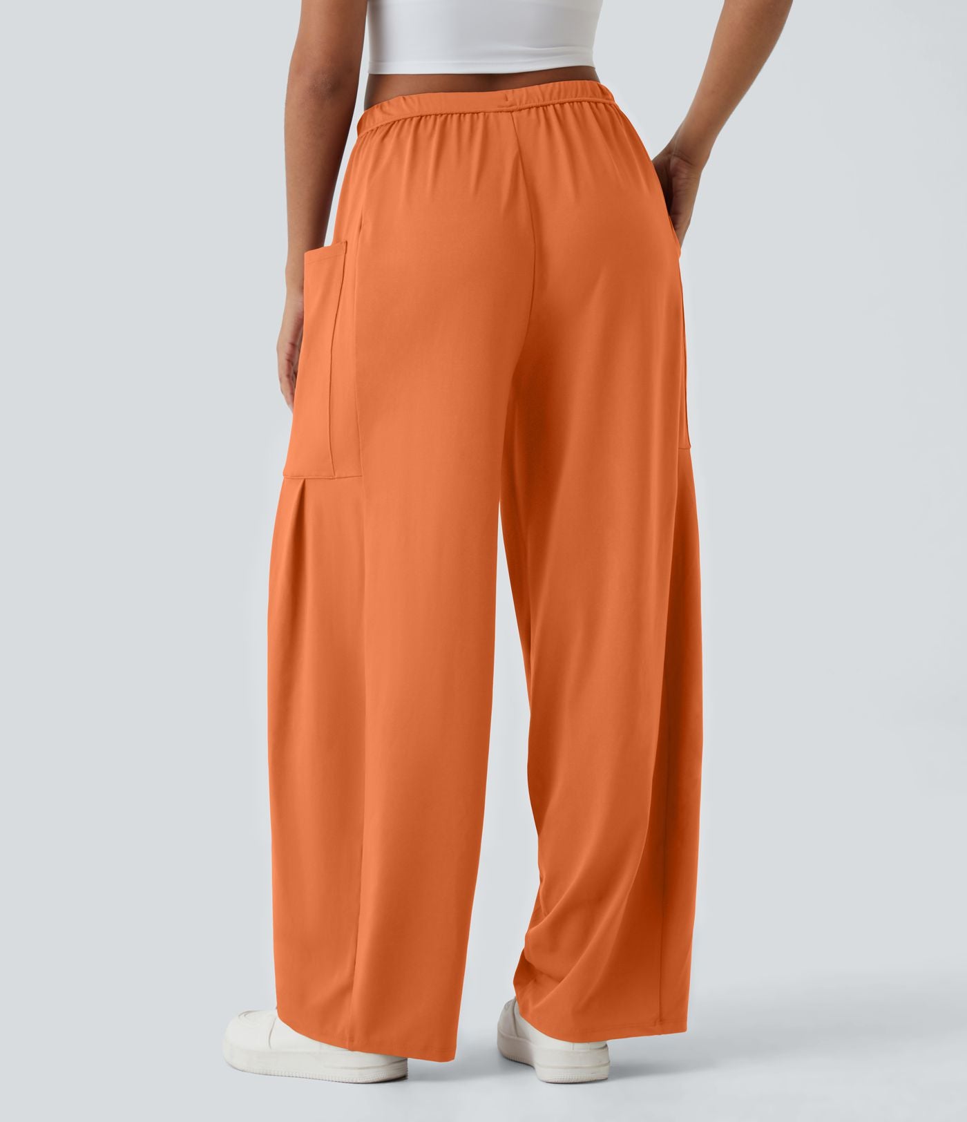 Pantalon Large Fluide Taille Mi-Haute Taille Élastique Cordon Poches Latérales Ourlet Flottant