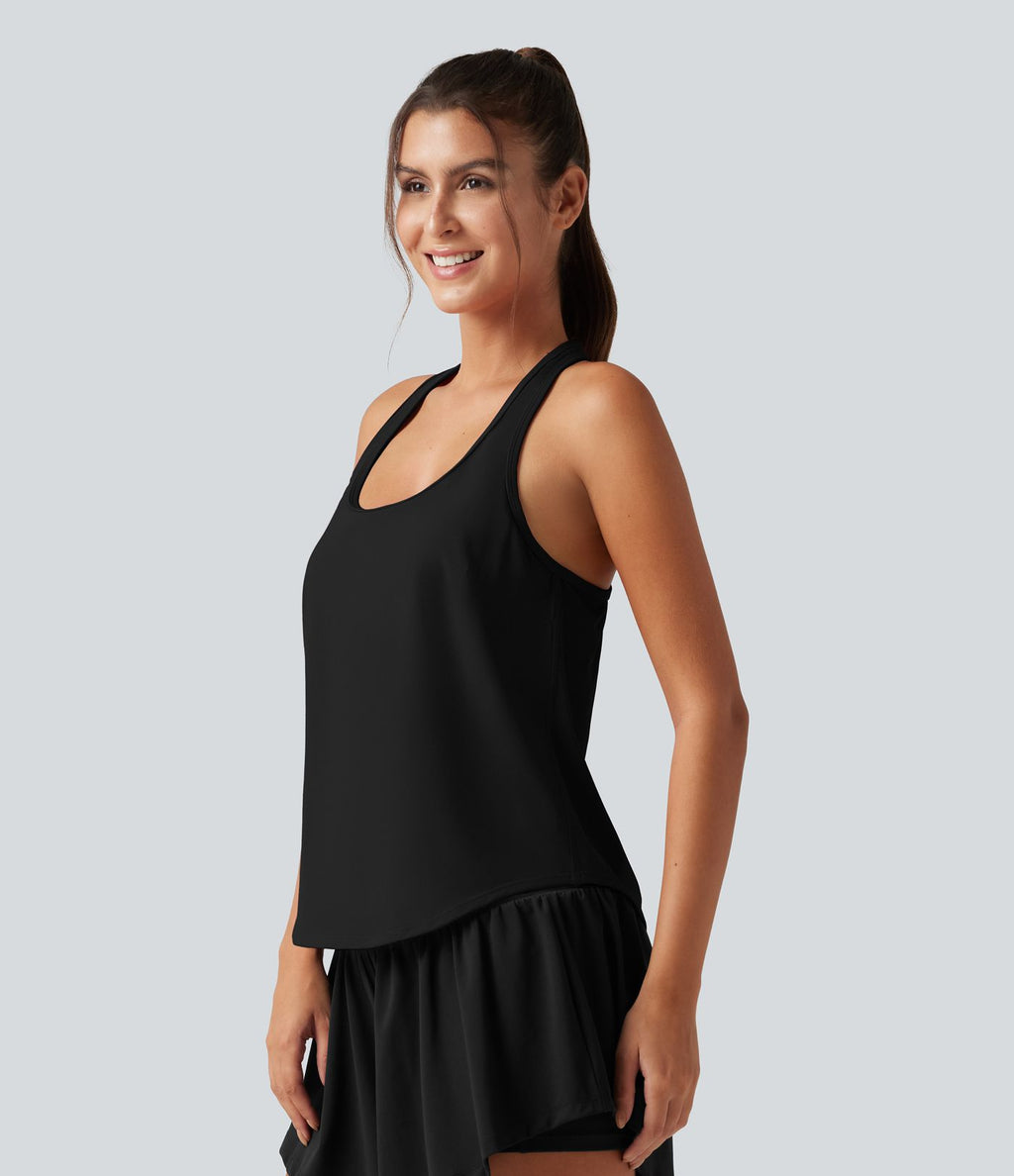 Débardeur de yoga à encolure U, ourlet arrondi, toucher frais, séchage rapide, coussinets amovibles et protection solaire UPF 50+