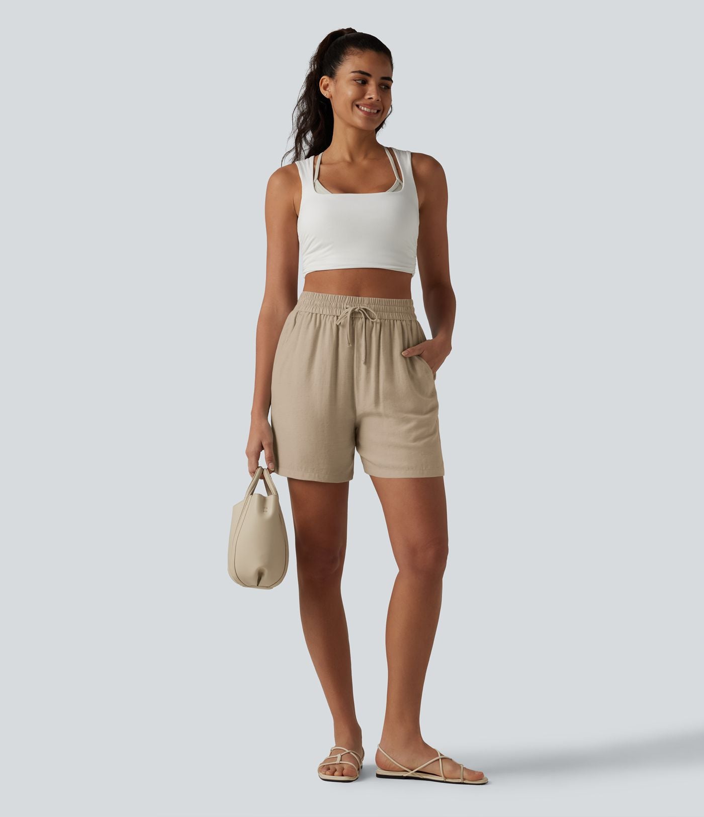 Short décontracté ample en lin mélangé taille haute avec cordon de serrage, 12,5 cm, et poches