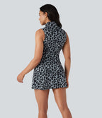 Robe de tennis active micro Halara UltraSculpt™ imprimé léopard col polo demi-fermeture éclair sans manches avec poches