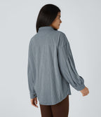 Veste Casual en Velours Côtelé à Col Boutonné Poches et Manches Longues Ourlet Courbé