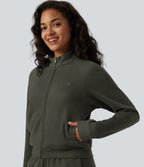 Veste casual côtelée à col montant, manches longues et fermeture zippée avec poches