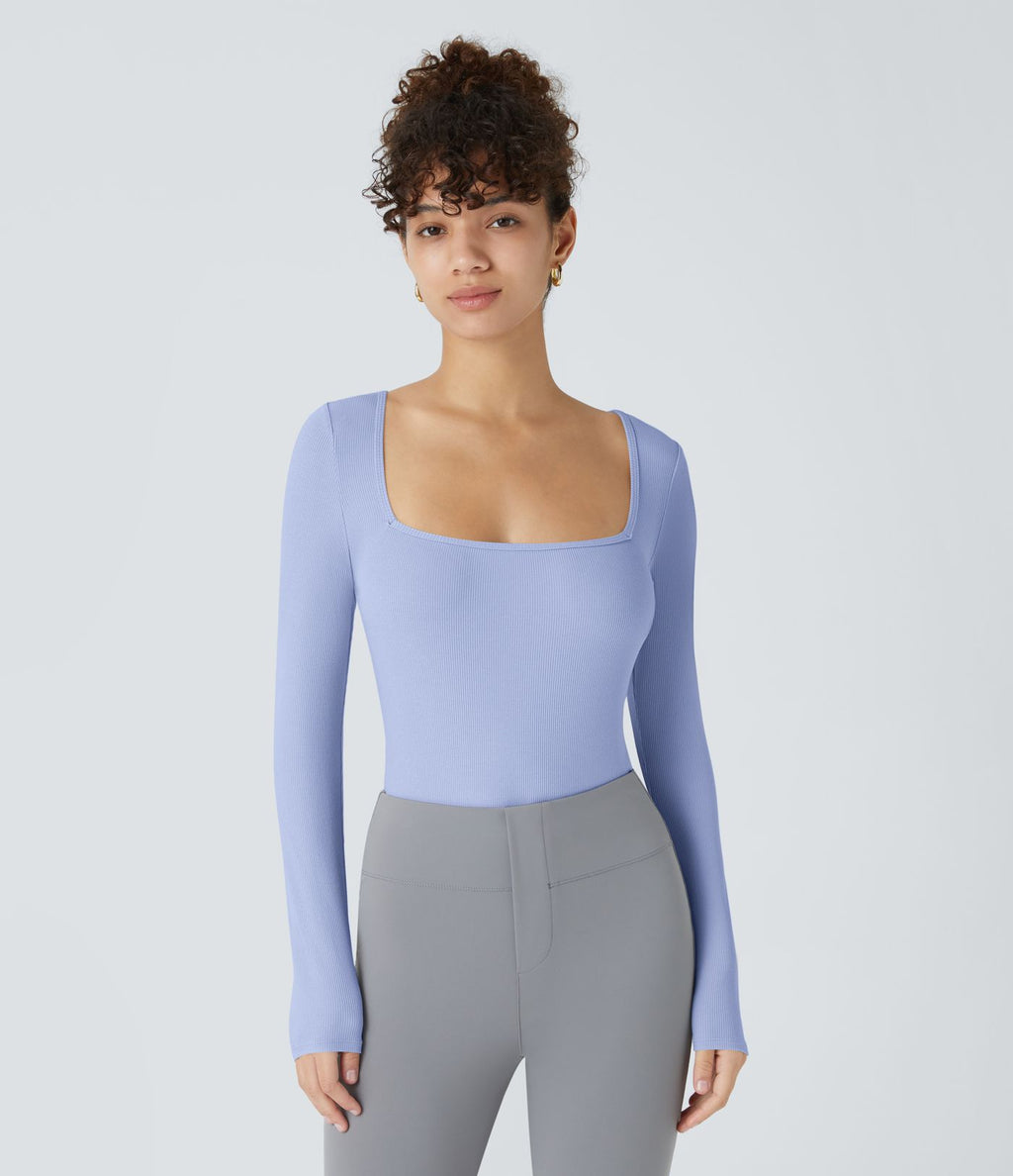 Bodysuit de Travail Tricot Côtelé Col Carré Manches Longues Boutonné Silhouette Élancée
