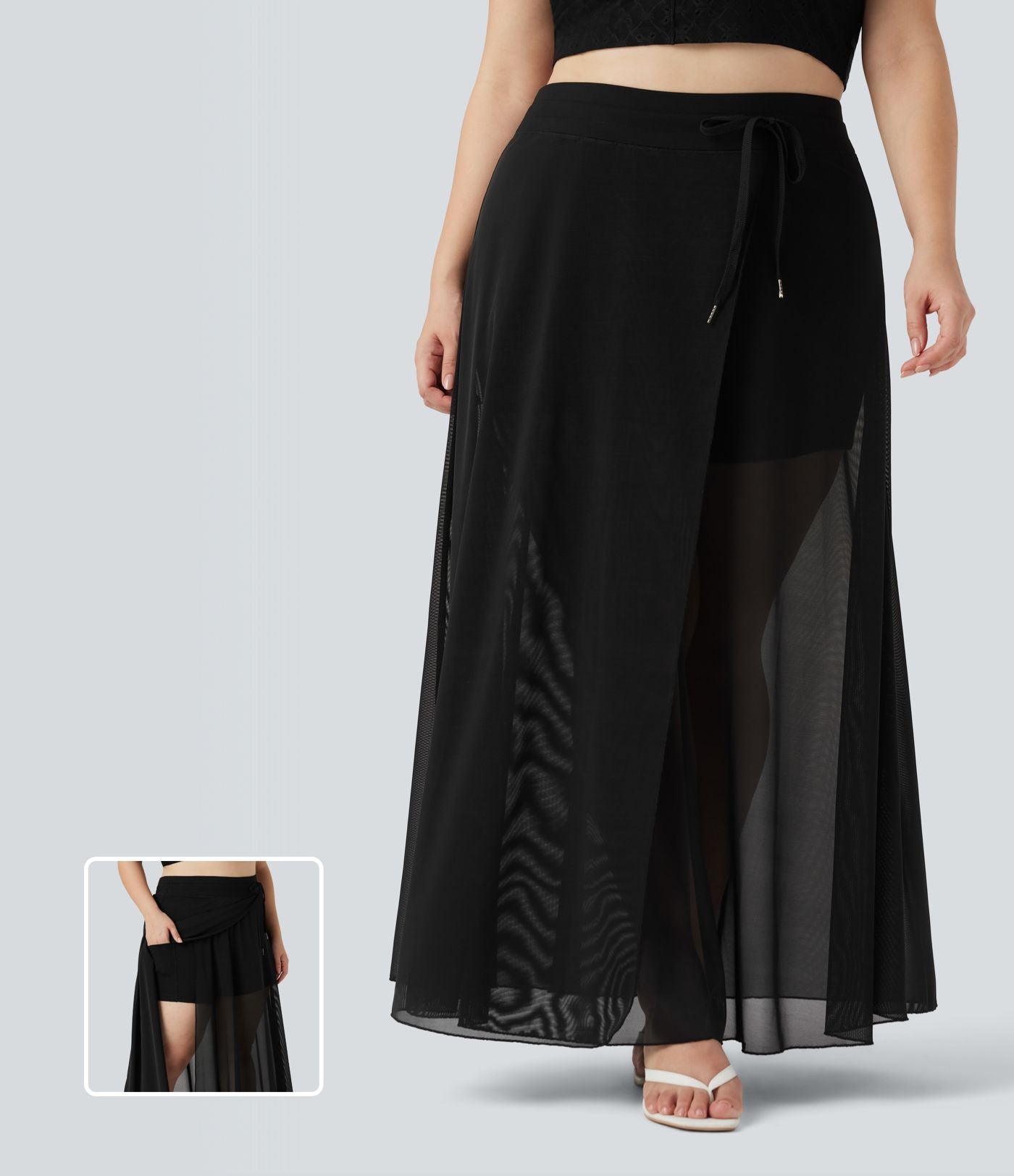 Jupe longue fluide grande taille 2-en-1 mesh contrastant taille haute avec cordon de serrage et poches