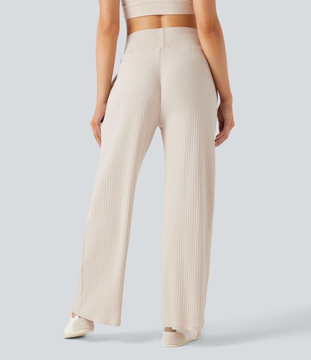 Pantalon décontracté maille côtelée taille haute avec poches