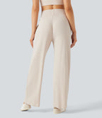 Pantalon décontracté maille côtelée taille haute avec poches