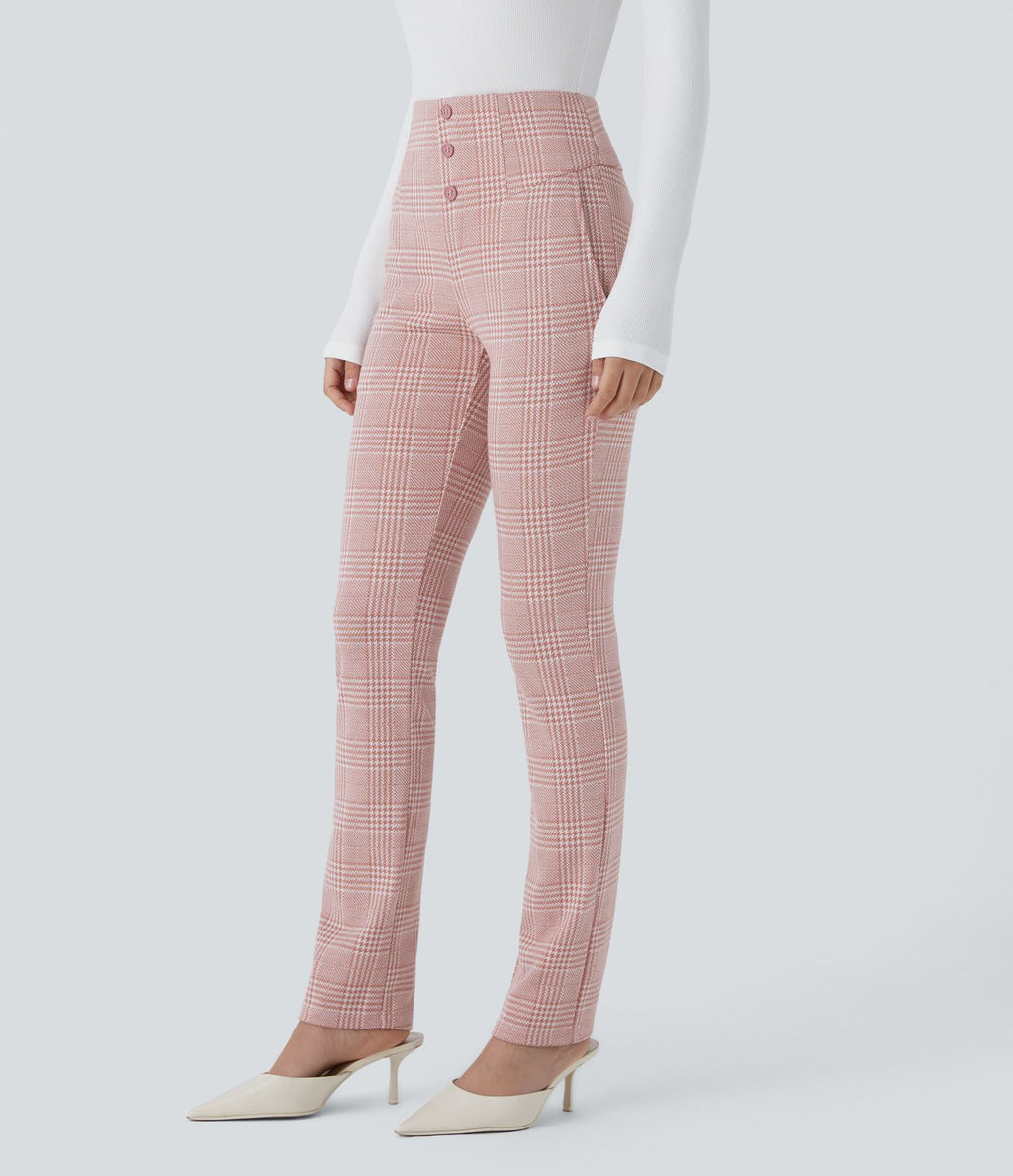 Halara Flex™ Pantalon tailleur Cintrés à Taille Haute avec Boutons Décoratifs Poches Latérales et Imprimé Pied-de-Poule