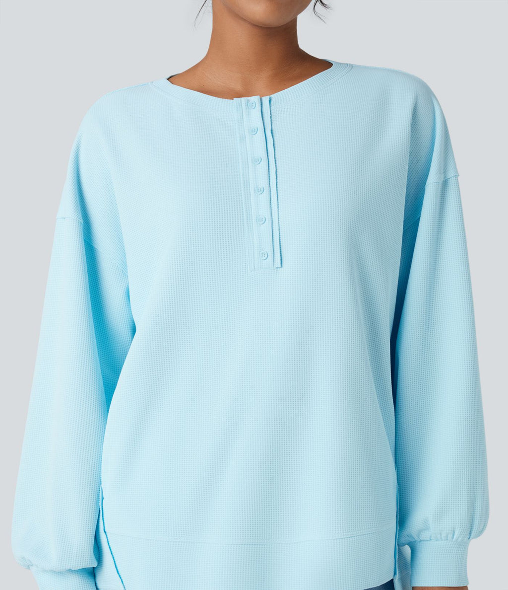 Sweat-shirt gaufré henley oversize manches longues avec poches