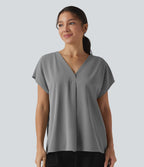 Blouse esprit bureau oversize défroissage facile, col V et manches courtes