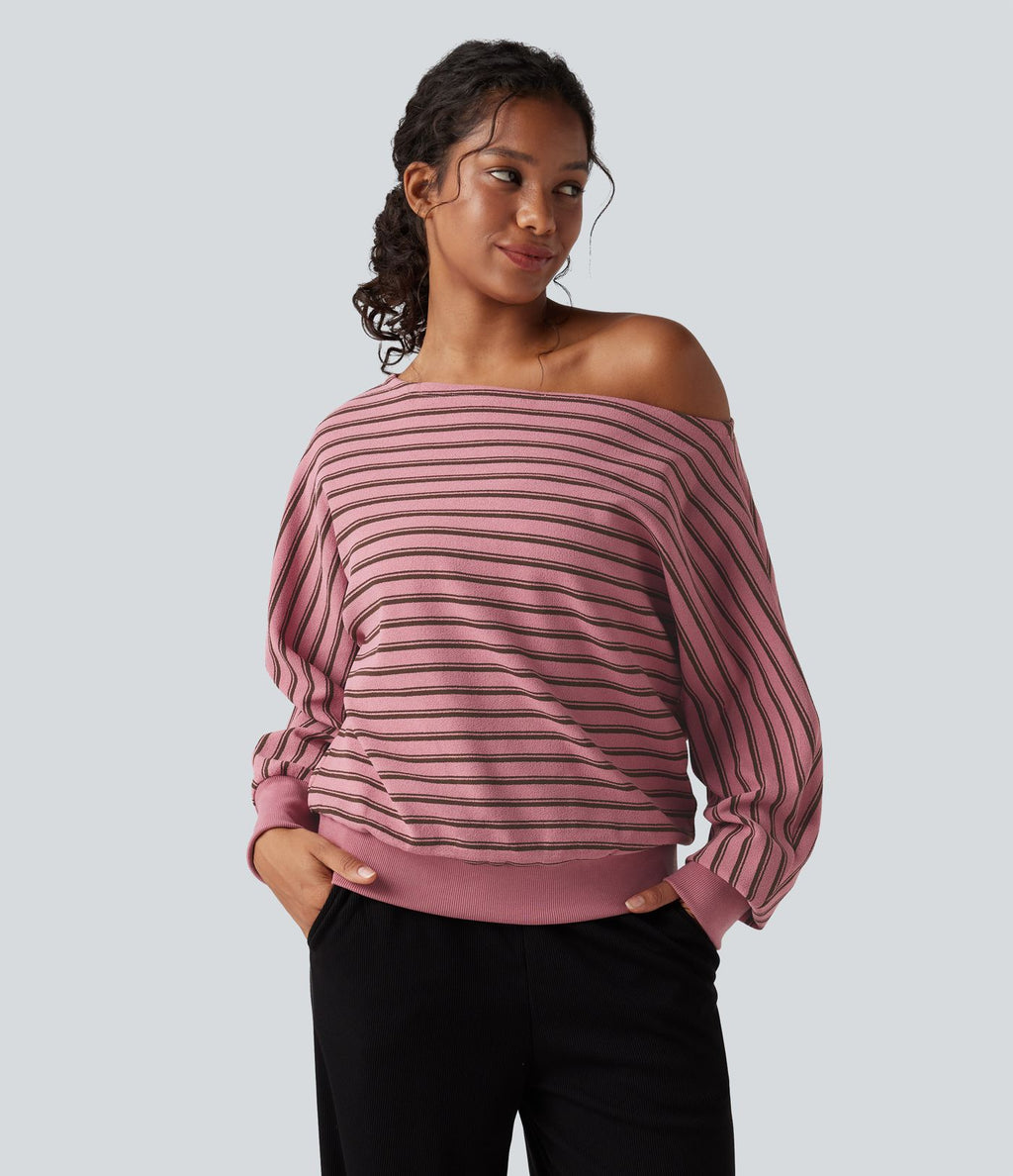 Sweat-shirt rayé épaules dénudées manches longues coupe décontractée