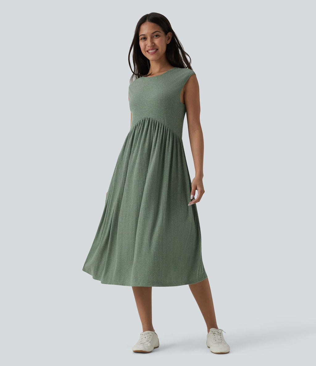 Robe midi fluide décontractée maille côtelée mélange lin col rond sans manches