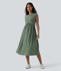 Robe midi fluide décontractée maille côtelée mélange lin col rond sans manches