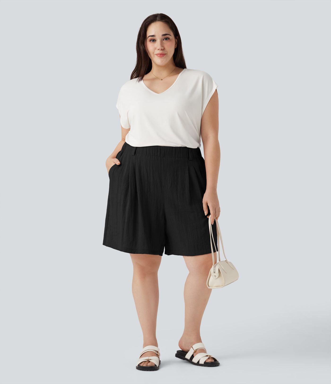 Bermuda décontracté grande taille aspect lin taille haute avec poches