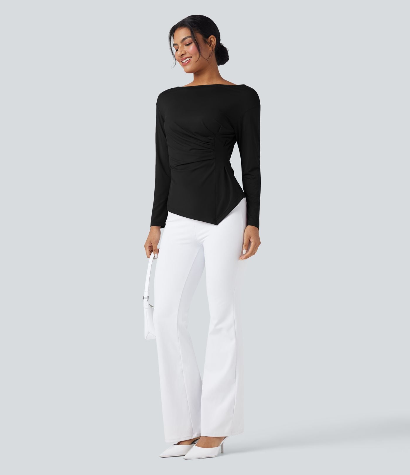 Blouse de travail ajustée col bateau manches longues froncée à ourlet asymétrique