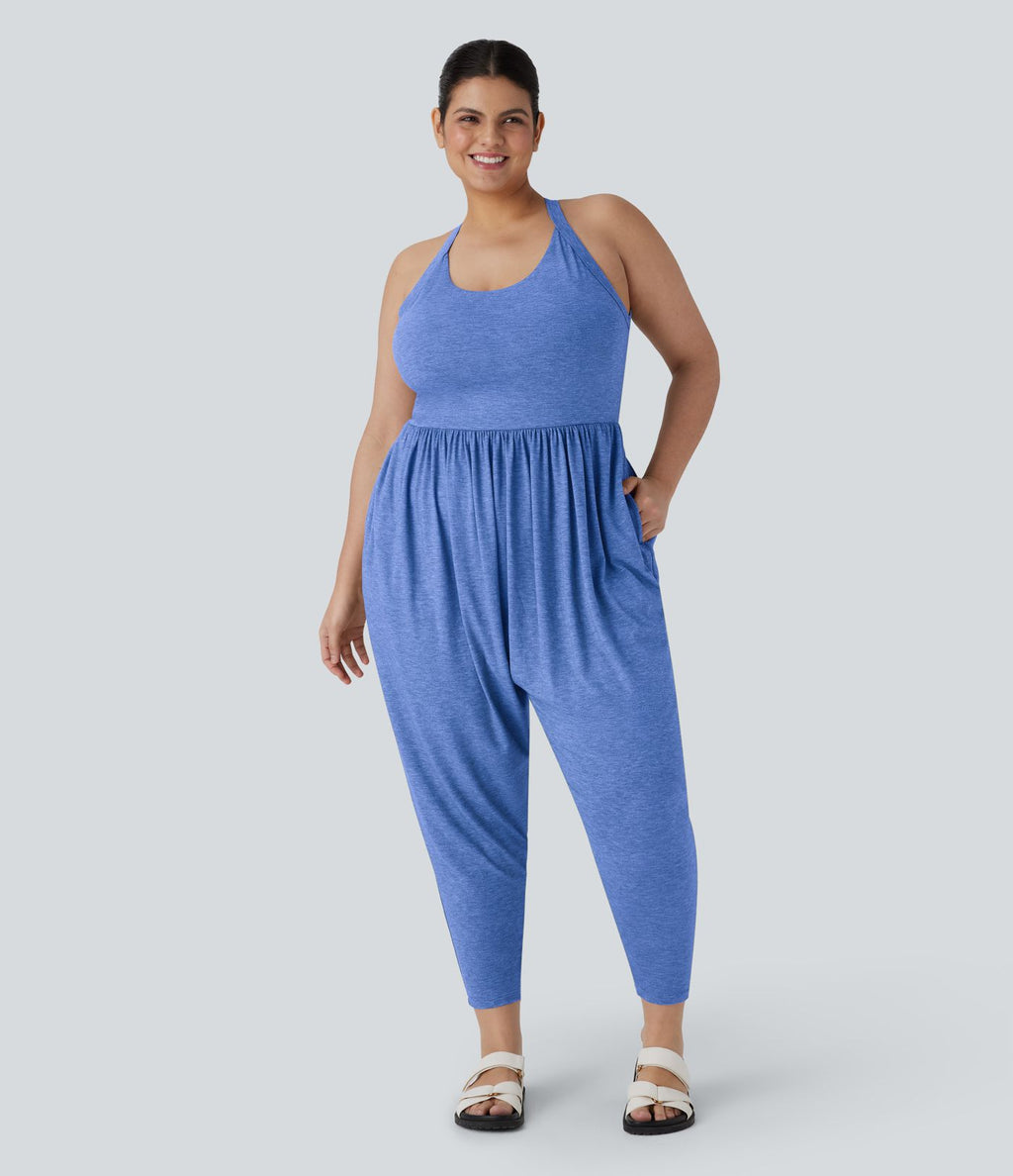 Combinaison sarouel dos nu torsadée grande taille avec poche latérale - Édition facile à enfiler
