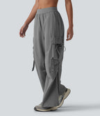 Pantalon cargo bootcut de sport taille mi-haute avec fronces et liens et poches