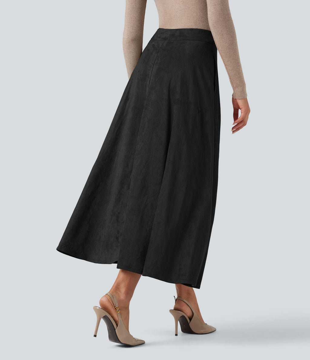 Jupe mi-longue évasée daim taille haute avec poches