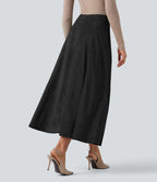 Jupe mi-longue évasée daim taille haute avec poches