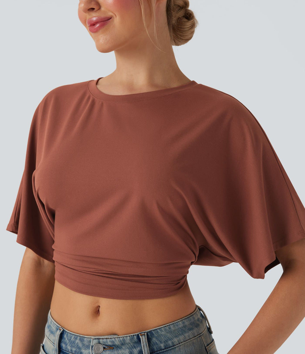 Haut casual crop col rond manches courtes fentes liens dos