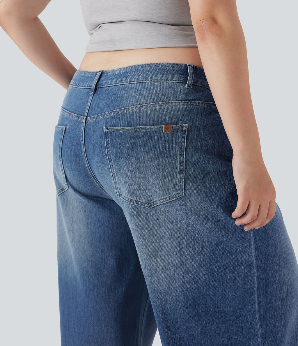 Jean décontracté grande taille Halara Flex™ asymétrique taille basse jambes larges effet délavé avec poches