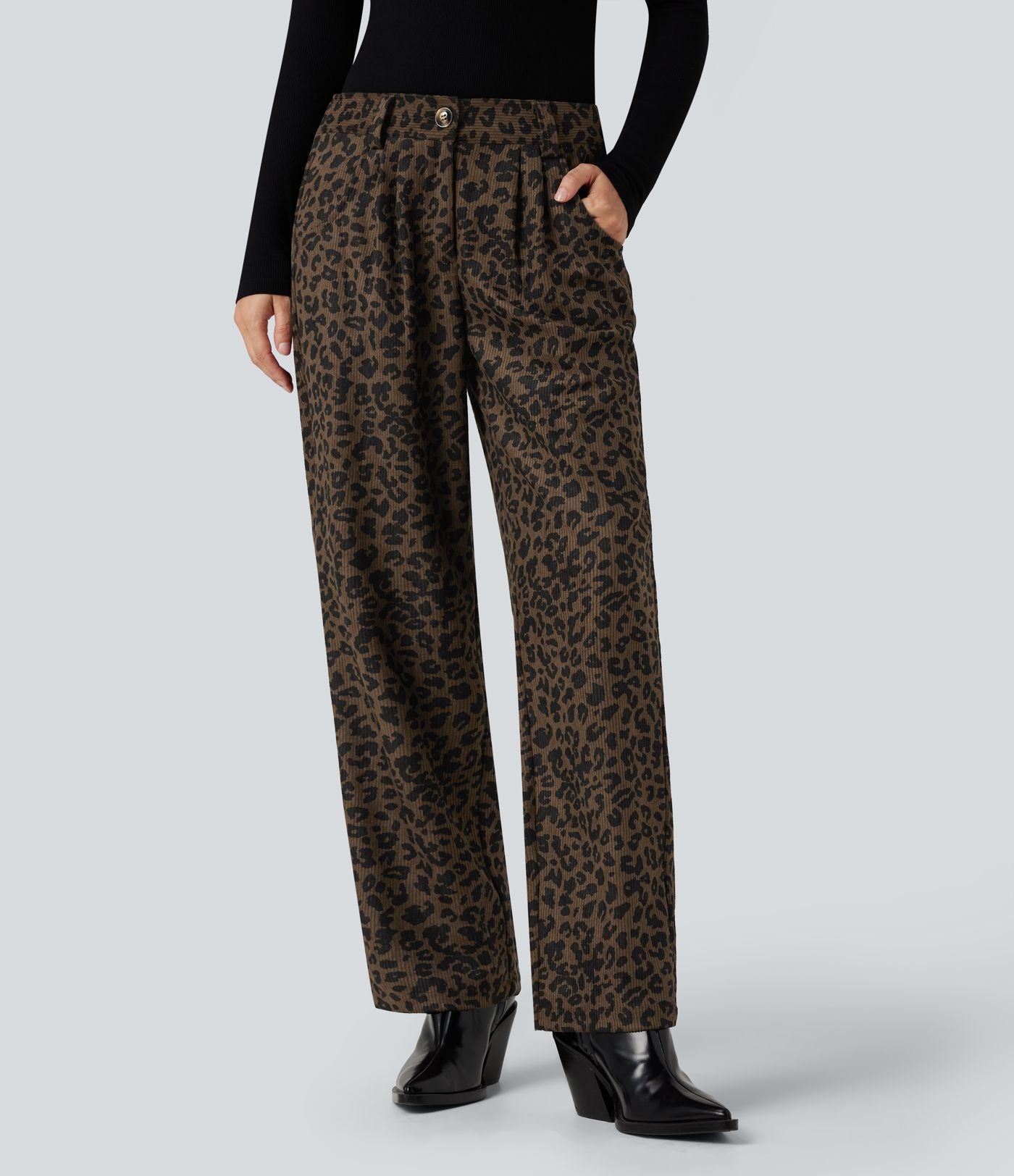 Pantalon velours côtelé imprimé léopard coupe droite taille mi-haute avec poches