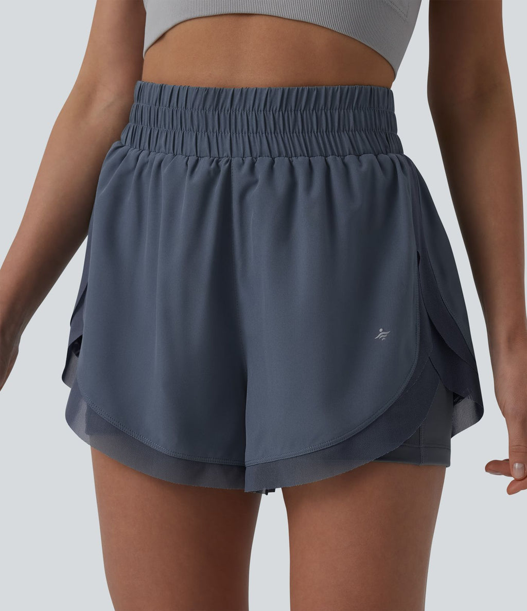 Short de running 2-en-1 taille haute mesh contrasté avec poches