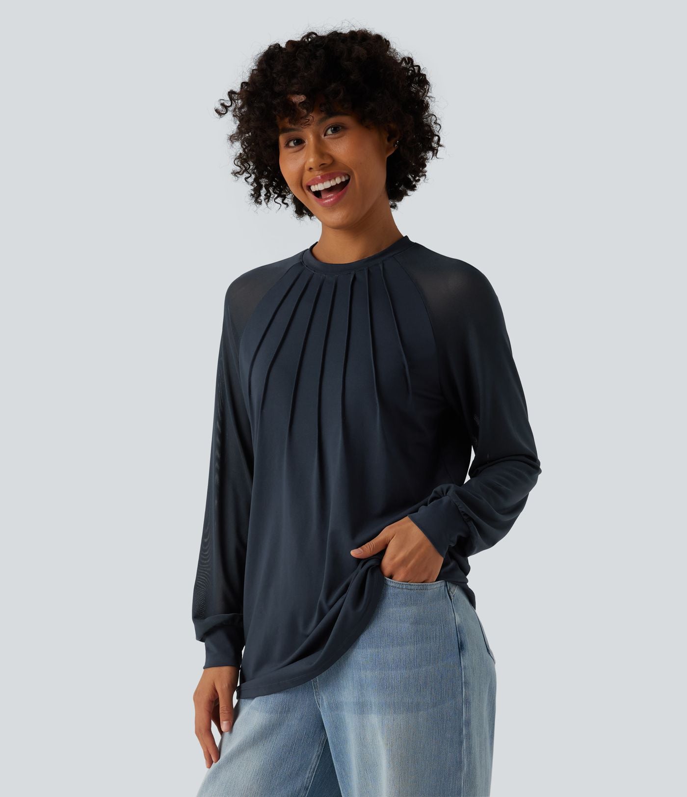 Blouse mesh contrastant col rond manches raglan longues