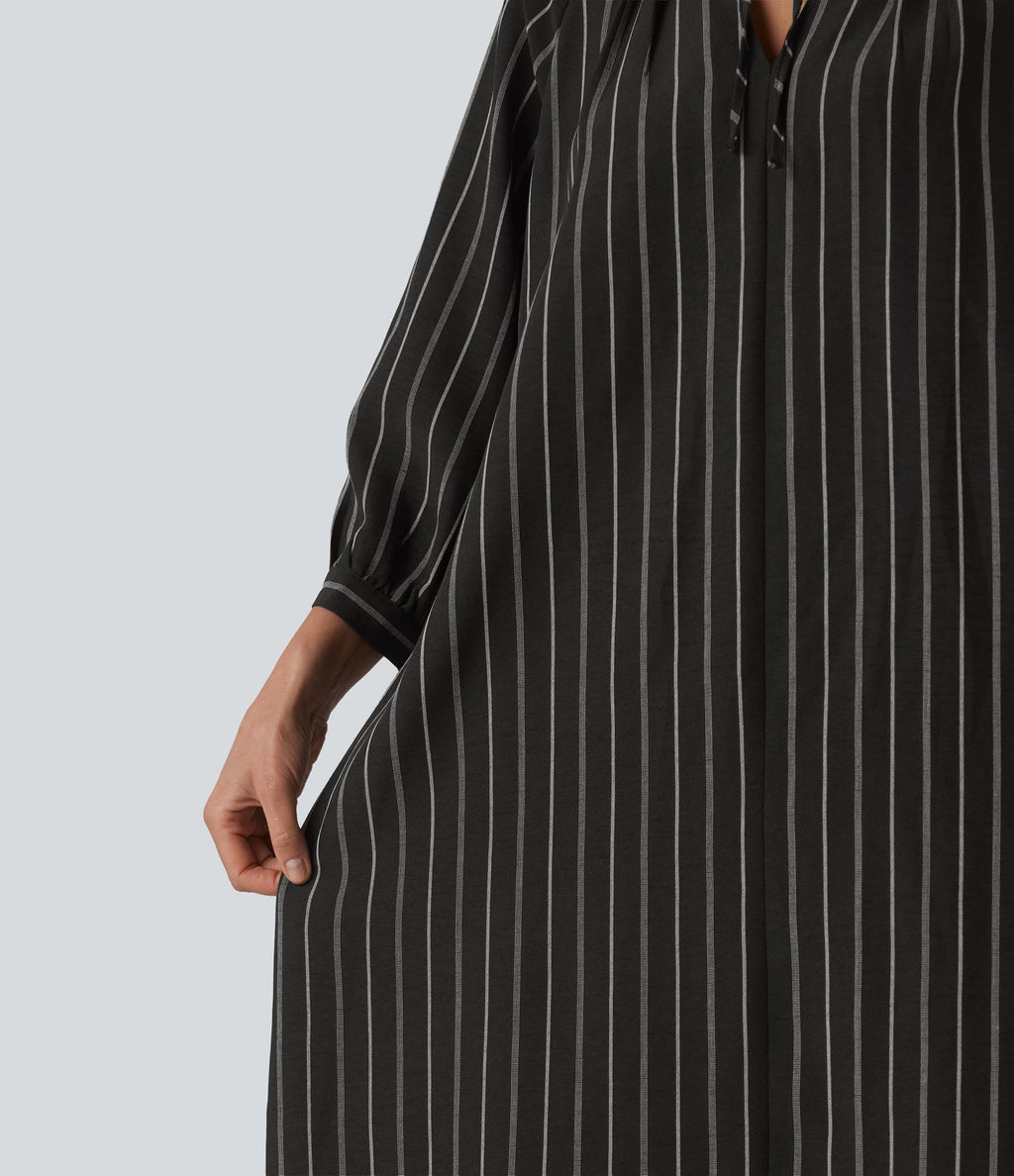Robe midi casual à rayures aspect lin col V avec nœud, manches 3/4 fendues et poches