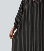 Robe midi casual à rayures aspect lin col V avec nœud, manches 3/4 fendues et poches