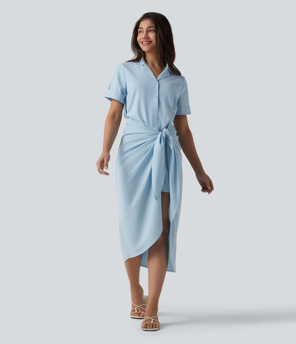 Robe-chemise casual midi en mousseline infroissable manches courtes portefeuille avec nœud frontal et poche