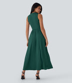 Robe longue décontractée sans manches à col montant, coupe évasée et poches latérales
