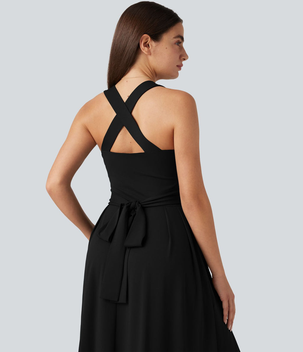 Robe longue fluide décontractée sans manches décolleté en cœur bretelles croisées avec lien dans le dos et poches